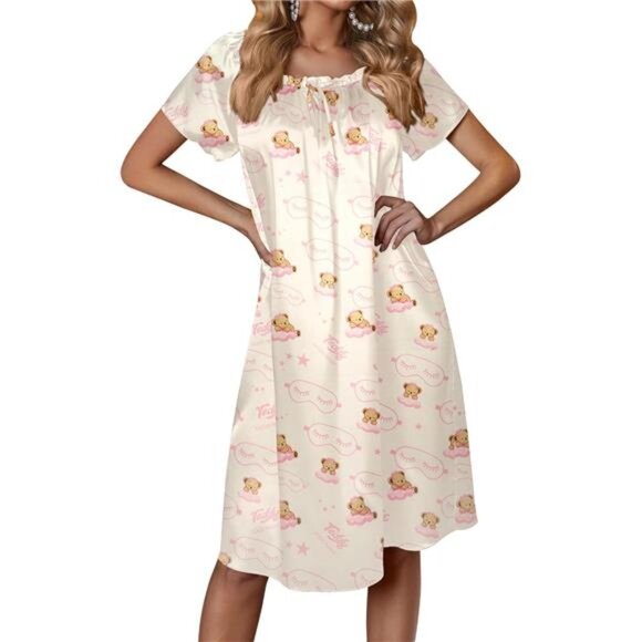 Women's Satin Pleated Nightgown Sleep Dress Bears - Picture 1 of 5